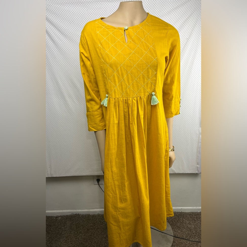 Idalia Yellow Cotton Kurti Tunic Dress with Tassel Detail Size L